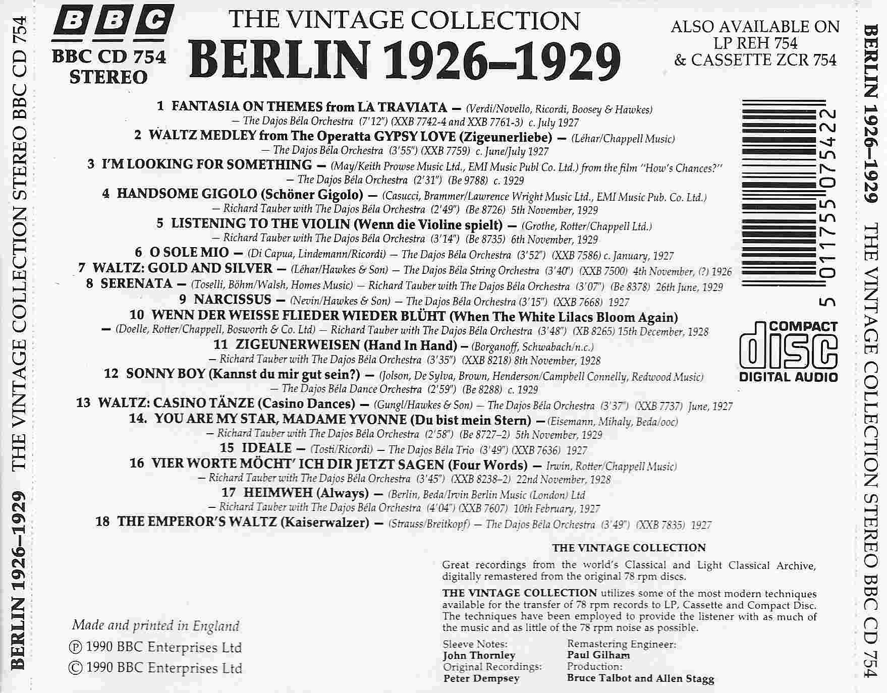 Picture of BBCCD754 The vintage collection - Berlin 1926 - 1929 by artist Various from the BBC records and Tapes library